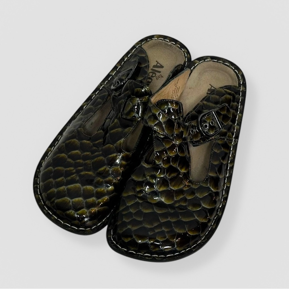 Alegria Clogs Size 39/9-9.5 Leather Uppers w/Buckle Green Alligator Look Casual